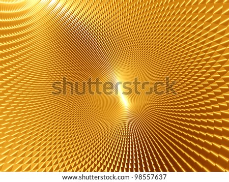 Golden tinted rendering of section of three dimensional circular mesh suitable as a background screen