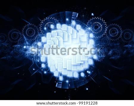 Arrangement of document icons, lights and abstract design elements on the subject of document processing, office paperwork, virtual workspace and cloud networking