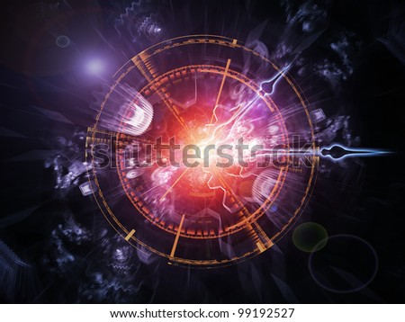 Interplay of clock hands, gears, lights and abstract design elements on the subject of time sensitive issues, deadlines, scheduling, temporal processes, past, present and future