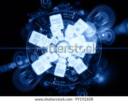 Composition of document icons, lights and abstract design elements on the subject of document processing, office paperwork, virtual workspace and cloud networking