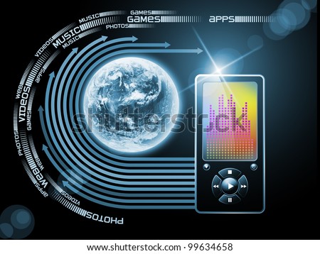 Composition of personal media player, Earth globe and various graphic elements on the subject of personal electronic devices, music and sound technologies
