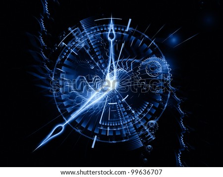 Backdrop composed of clock hands, gears, lights and abstract design elements and suitable for use on time sensitive issues, deadlines, scheduling, temporal processes, past, present and future
