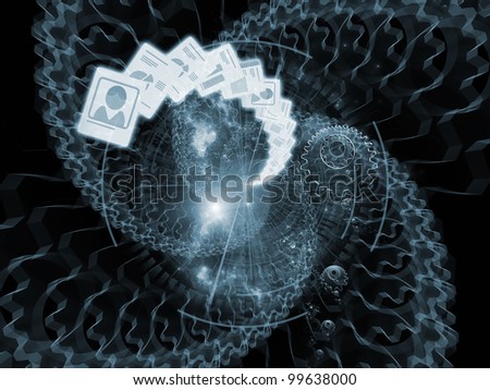 Artistic abstraction on the subject of document processing, office paperwork, virtual workspace and cloud networking composed of document icons, lights and abstract design elements