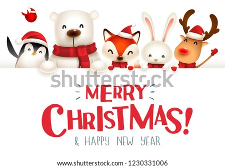 Merry Christmas! Christmas cute animals character with big signboard.