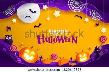 Paper Graphic of Happy Halloween fun party celebration background design. Halloween elements.