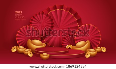 3D illustration Chinese New Year red and golden theme product display background with ingot, paper fan and podium. 