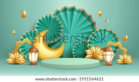 3D illustration of classic teal Muslim Islamic festival theme product display background with crescent moon and Islamic decorations.