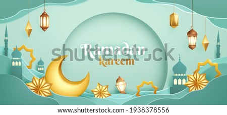 Ramadan Kareem paper graphic of islamic festival design with crescent moon and islamic decorations.