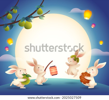 Mid Autumn Festival. Group of rabbit jumping in the moonlight celebrating mooncake festival. Wide copy space for design.