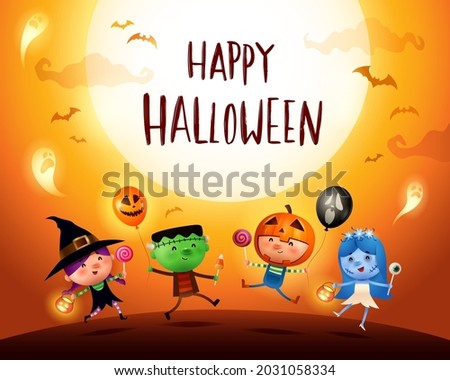 Halloween Kids Costume Party. Group of kids in Halloween costume jumping under the moonlight.