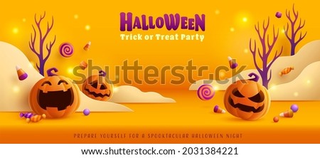 Happy Halloween. Group of 3D illustration pumpkin on treat or trick fun party celebration background with paper graphic cloud.