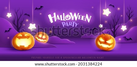 Happy Halloween. Group of 3D illustration glowing pumpkin on treat or trick fantasy fun party celebration purple background design. Сток-фото © 