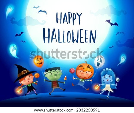 Halloween Kids Costume Party. Group of kids in Halloween costume jumping under the moonlight.