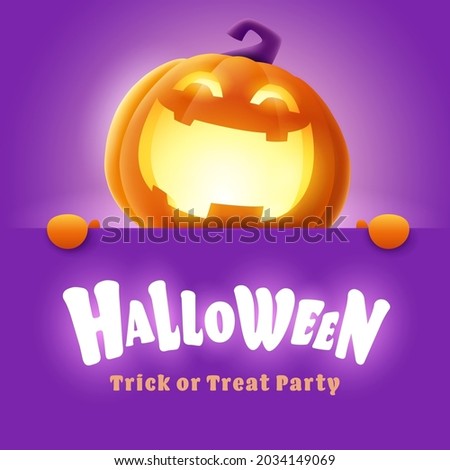 Happy Halloween. 3D illustration of cute glowing Jack O Lantern orange pumpkin character with big greeting signboard on purple background.