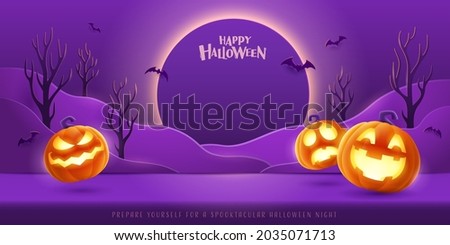 Happy Halloween. Halloween fantasy purple theme paper graphic cloud scene with group of 3D illustration glowing pumpkin on studio table.