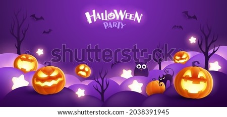 Happy Halloween. Group of 3D illustration glowing Jack O Lantern pumpkin on treat or trick fantasy fun party celebration purple background design.