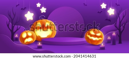 Halloween fantasy purple theme product display podium on paper graphic background with group of 3D illustration Jack O lantern pumpkin and candle light.