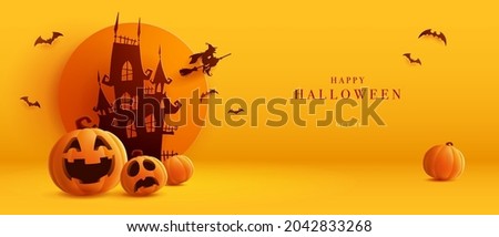 3D illustration of Halloween theme banner with group of Jack O Lantern pumpkin and paper graphic style of castle on background. 