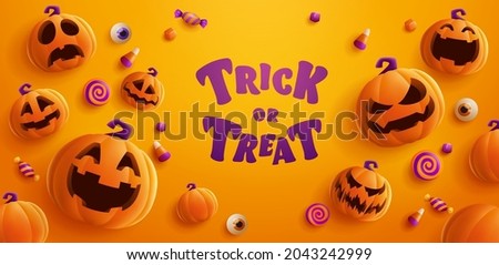 Trick or Treat. Group of 3D illustration Jack O Lantern pumpkin on treat or trick fun party celebration background design.
