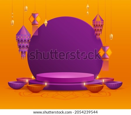 3D illustration of podium stage scene with Indian Diwali Diya oil lamp and paper graphic Indian lantern on round blank card. The Festival of Lights.