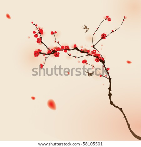 oriental style painting, plum blossom in spring.  Vectorized brush painting, symbolize love and happiness