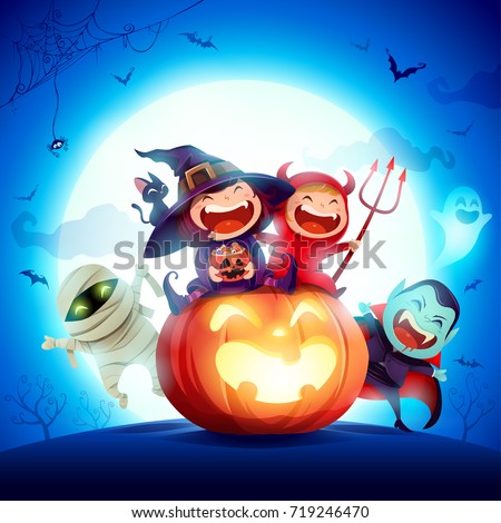 Halloween Kids Costume Party. Group of kids in halloween costume sitting on a giant pumpkin. In the moonlight. Blue background.
