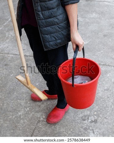 Similar – Image, Stock Photo Street broom with red bristles, makes weekend on the construction site. Plaster walls are freshly filled and the screed floor has hardened