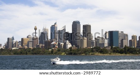 Buildings in Sydney, Australia business district skyline taken from Sydney Harbor