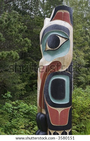 Alaskan totem pole of Saxman Nature Village in Ketchikan Alaska