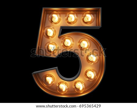 Light bulb glowing digit alphabet character 5 five font. Front view illuminated number 1 symbol on black background. 3d rendering illustration 商業照片 © 