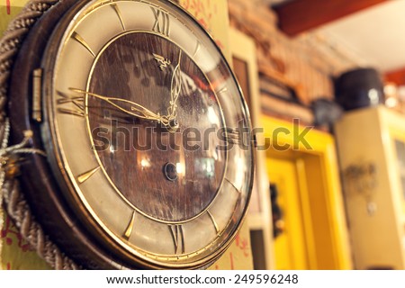 Cacak, Serbia - December 06, 2014: Old retro clock on the wall, as decorative detail inside Serbian restaurant.