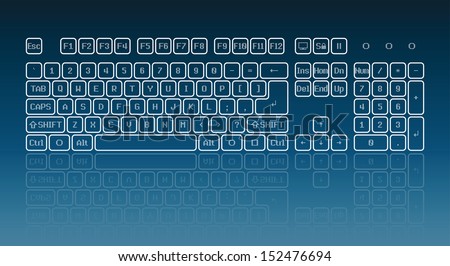 Touch screen virtual keyboard, glowing keys and reflection on blue background