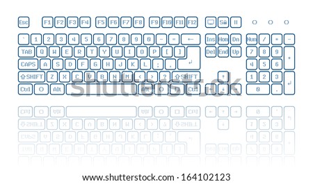 Front view of a virtual computer keyboard, reflection on white background