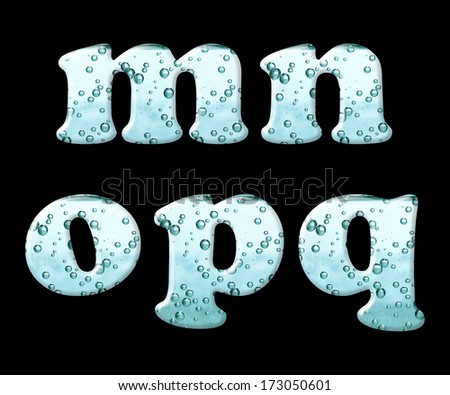 Mineral water letter set characters on black - lowercase letters m n o p q