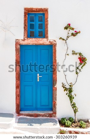 Blue Greek house door in Santorini