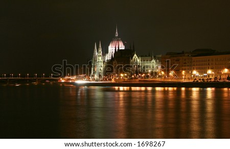 Budapest, side view of parliament at night