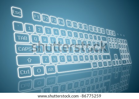 Virtual keyboard in perspective view, glowing keys and reflection on blue background