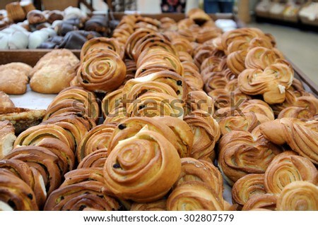 fresh pastry at baker shop. Used toning of the photo. focus at central point