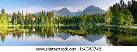 Panorama of mountain lake. Slovakia, the resort Strbske Pleso