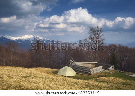 Spring landscape with the beautiful sky. Camping in the mountains. Carpathians, Ukraine, Europe