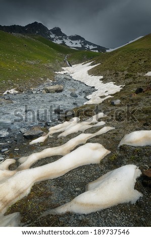 Severe cold mountain landscape with mountain river. Melting snow in the mountains. Svaneti, Georgia, Caucasus