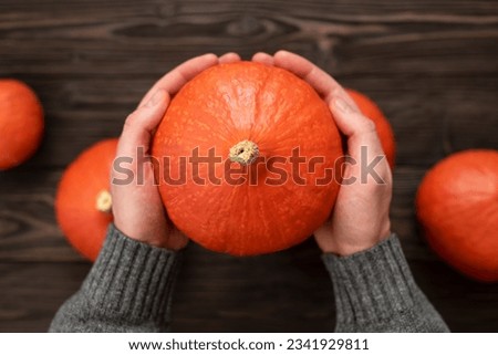 Similar – Image, Stock Photo Hokkaido pumpkin in red in a round basket on old cobblestones in the Hanseatic town of Lemgo near Detmold in East Westphalia-Lippe