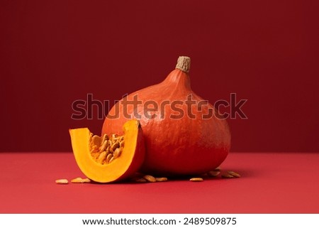 Similar – Image, Stock Photo Hokkaido pumpkin in red in a round basket on old cobblestones in the Hanseatic town of Lemgo near Detmold in East Westphalia-Lippe