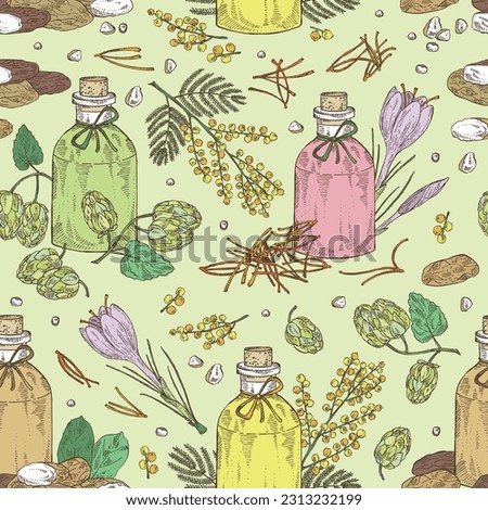 Seamless pattern with essential oils: mimosa flowers essential oil, tonka beans, hops oil, saffron flower essential oil. Cosmetic, perfumery and medical plant. Vector hand drawn illustration.