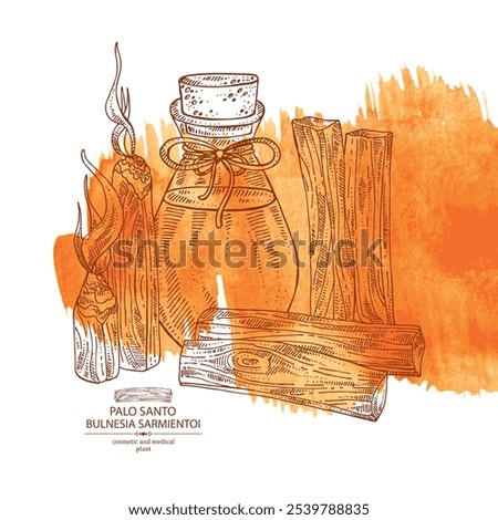 Watercolor background with palo santo: palo santo wood  and palo santo sticks and bottle of palo santo essential oil. Bulnesia sarmientoi. Cosmetic, perfumery, plant. Vector hand drawn