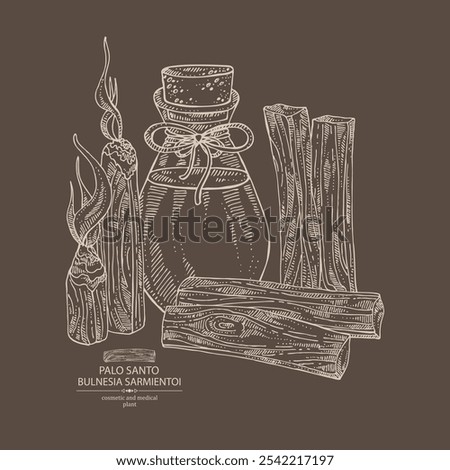 Background with palo santo: palo santo wood  and palo santo sticks and bottle of palo santo essential oil. Bulnesia sarmientoi. Cosmetic, perfumery, plant. Vector hand drawn