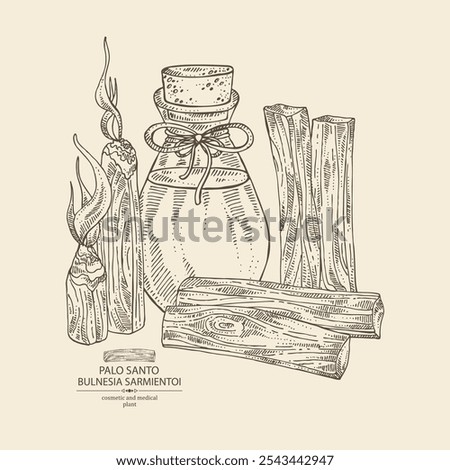 Background with palo santo: palo santo wood  and palo santo sticks and bottle of palo santo essential oil. Bulnesia sarmientoi. Cosmetic, perfumery, plant. Vector hand drawn