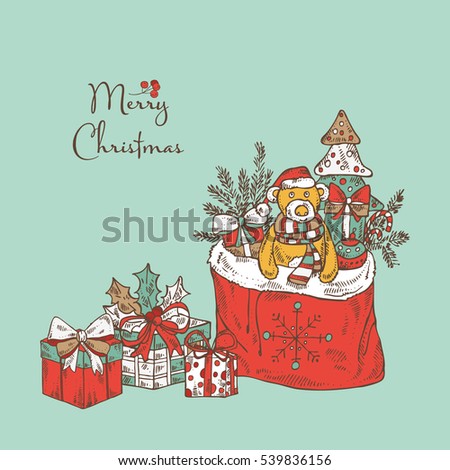 Christmas And New Year Card With Christmas Present. Hand Drawn. Stock Vector Illustration