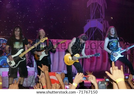 SINGAPORE - FEBRUARY 15: Legendary heavy metal band Iron Maiden performs for a sold out crowd of 12,000 on February 15, 2011 at the Singapore Indoor Stadium in Singapore. This was their appearance at the stadium.