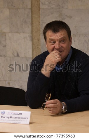 NOVOSIBIRSK - MAY 15: Russian Championship in women\'s boxing. Viktor Lisitsyn (coach of Russian national women\'s boxing) answers questions at the press conference on May 15, 2011, Novosibirsk Russia